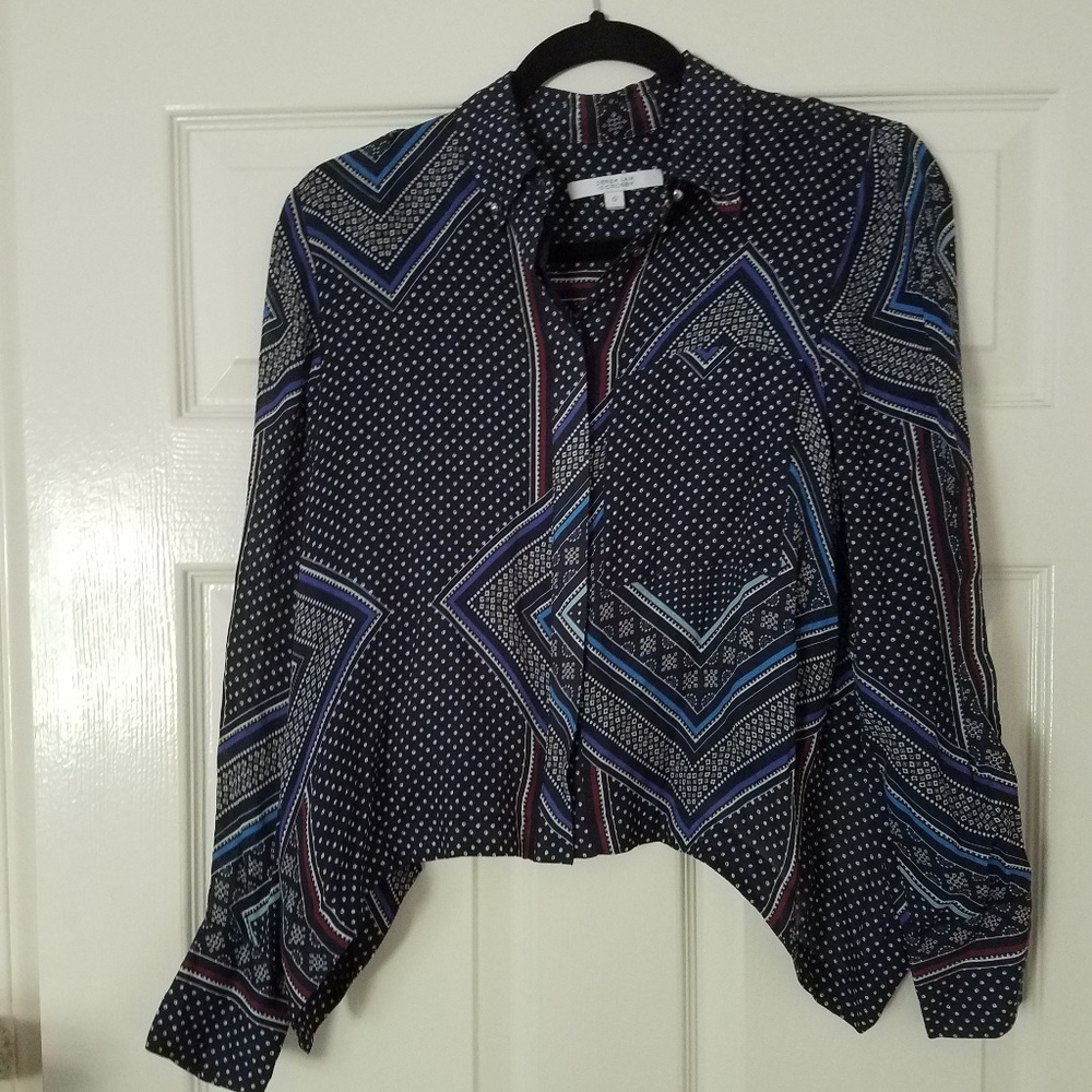 Derek Lam 10 Crosby Blue Scarf Print Cropped Shirt